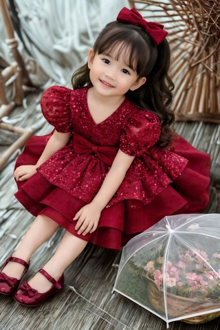 Red Sequin Flower Girl Dress: Handmade Tulle Gown, Puffy Sleeves & Vail