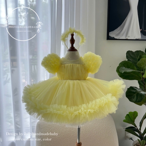 Pastel Yellow Baby Girl Tulle Dress Puffy Sleeve Princess Dress Flower Girl Birthday Outfit Toddler Girl Dress Wedding Party Dress