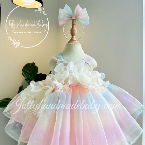 Exclusive Organza with Floral Applique in Rainbow | Cap Sleeve Midi Dress for Baby Girl