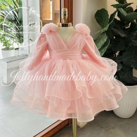 Long Sleeve Cross Front Midi Dress with Flower Embroidered in Dusty Pink | Pleated Tulle Dress for Baby Girls