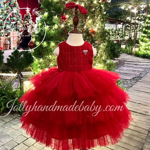 Tiered Cap Sleeve Tulle Maxi Dress in Red with Coat Included | Birthday Party Dress for Baby Girl
