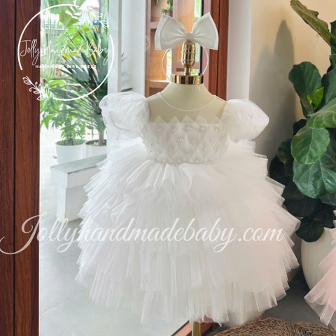 Bow Detail Short Sleeve Dress in White with Flower Embroidered | Tulle Maxi for Baby Girls