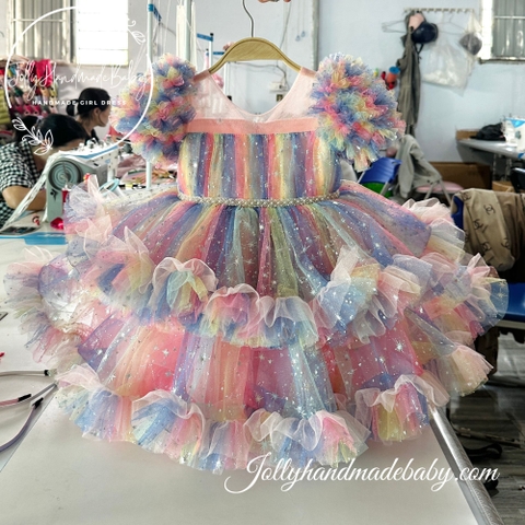 Ruffle Short Sleeve Tiered Tulle Midi Dress with Beaded Waist in Multi-Color | Birthday Party Dress for Baby Girl