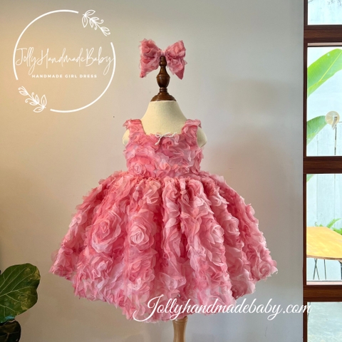 Exclusive Cap Sleeve Flower Tulle Dress with Back Cut Out in Pink | Princess Midi Dress for Baby Girl