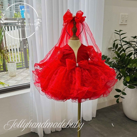 Red Lace Flower Girl Dress: Handmade Tulle Gown, Puffy Sleeves & Vail