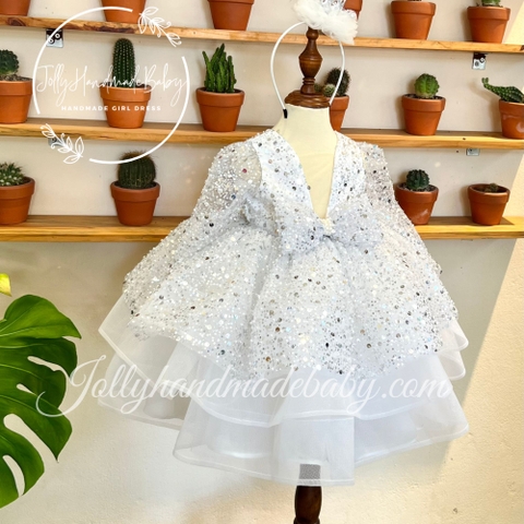 Long Sleeve Ruffle Tulle Midi Dress with Cut Out Sequin Bodice in White | Gift for Baby Girls