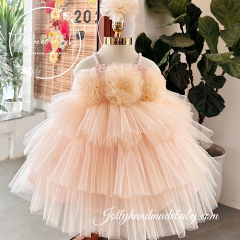 Beaded Strap Tulle Maxi Dress with 3D Flower Detail & Multi Layers in Gold | Gift for Baby Girl