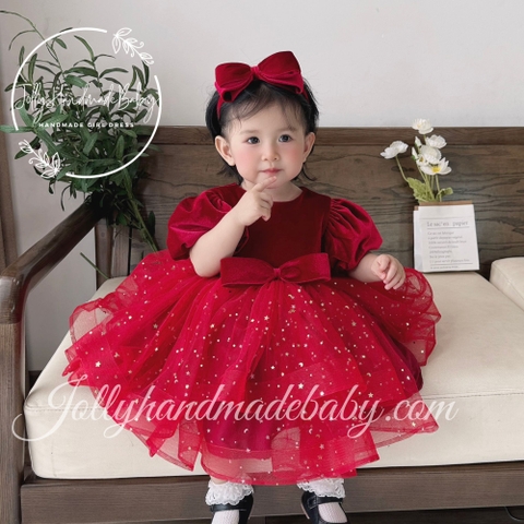 Long Sleeve Velvet Bodice & Tulle Skirt with Many Stars Embroidered in Red | Birthday Party Midi Dress for Baby Girls