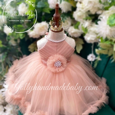 Blush Tulle Dress | Flower Girl Mauve Fluffy Dress | Baby Girls Party Wear Dress with Pearl and Bow | 1st Birthday Gift | Satin Tulle Dress