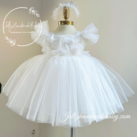 Ruffle Tulle Midi Dress with 3D Butterfly & Long Train in White | Cap Sleeve Dress for Baby Girl