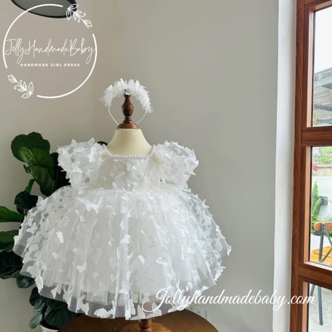 Exclusive Beaded Neck Butterfly Tulle Midi Dress with Short Sleeve in White | Party Dress for Baby Girl