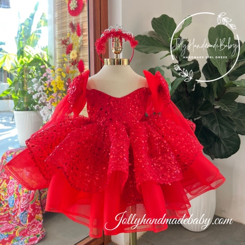 Ruffle Sequin Midi Dress with Bow Sleeves in Red | Birthday Party Dress for Baby Girl