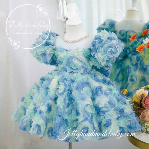 Exclusive Beaded Short Sleeve Flower Organza Dress in Blue | Princess Midi Dress for Baby Girl