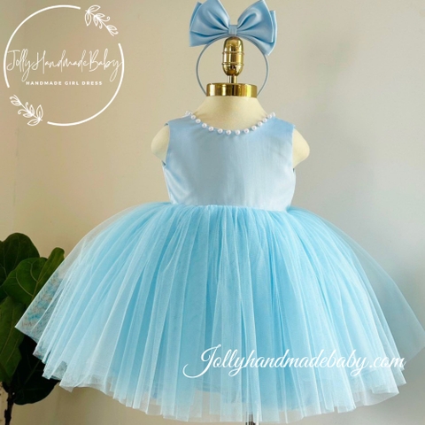 Beaded Cap Sleeve Tulle Midi Dress with V Cut Out in Blue | Party Dress for Baby Girl
