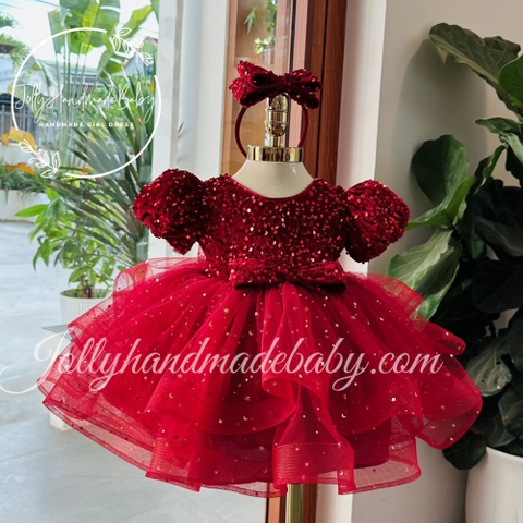 Ruffle Tiered Short Sleeve with Luxury Sequin Bodice in Red | Midi Dress with Bow Tie for Baby Girl