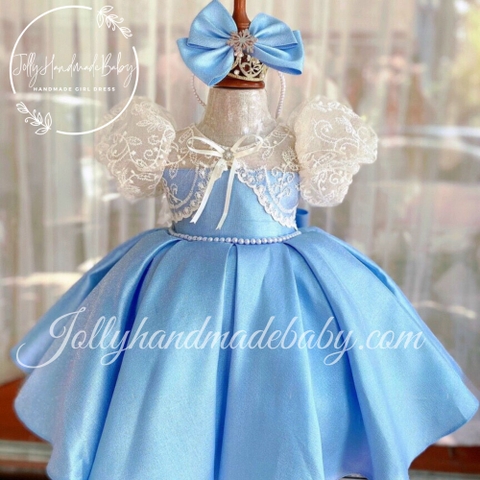 Lace Cap Sleeve with Small Bow Detail in Blue | Tafta Midi Dress for Baby Girls