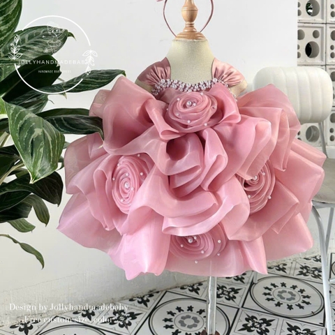 Handmade Dusty Rose Organza Girl Dress: Tulle Tutu, Pearls