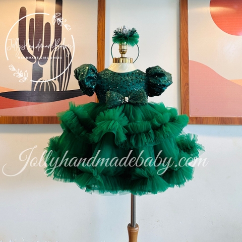 Ruffle Tiered Short Sleeve with Luxury Beaded Bodice Tulle Midi Dress in Green | Gift for Baby Girls