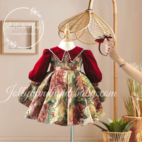 Beaded Round Neck Long Sleeve Velvet Dress with Exclusive Floral Skirt in Red | Fluffy Pleated Midi Dress for Baby Girls