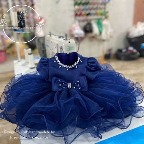 Royal Blue Baby Girl Tulle Dress, Luxury Toddler Birthday Dress, Pearl Flower Girl Dress, Handmade Princess Party Dress, Christmas Holiday Dress