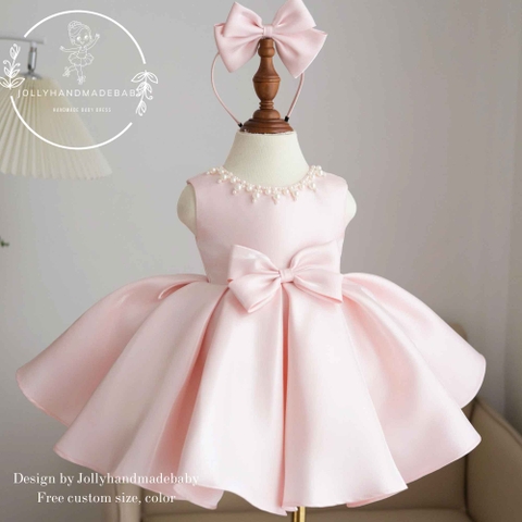Blush Pink Toddler Dress, Satin Bow Girl Dress, Baby Party Dress, Flower Girl Dress, Elegant Handmade Kids Dress
