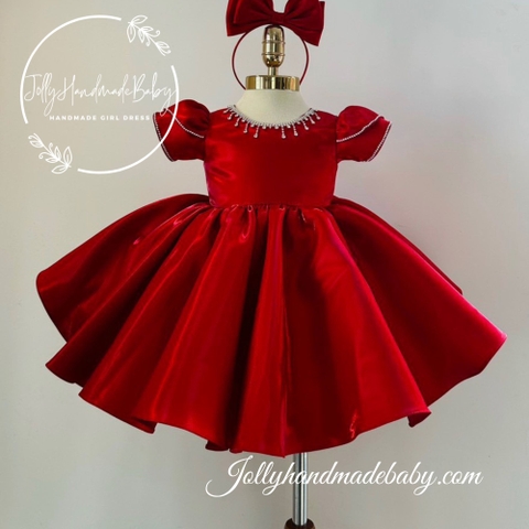 Puffy Short Sleeve Satin Midi Dress with Jewelry Detail in Red | Gift for Baby Girl