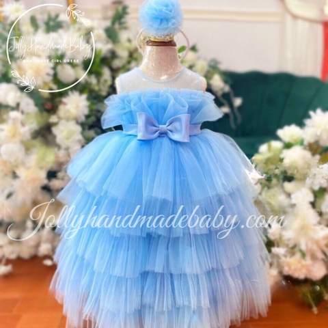 Tulle Off Shoulder Maxi Dress with 6 Layers in Light Sky Blue | Tulle Dress with Bow Detail for Baby Girl