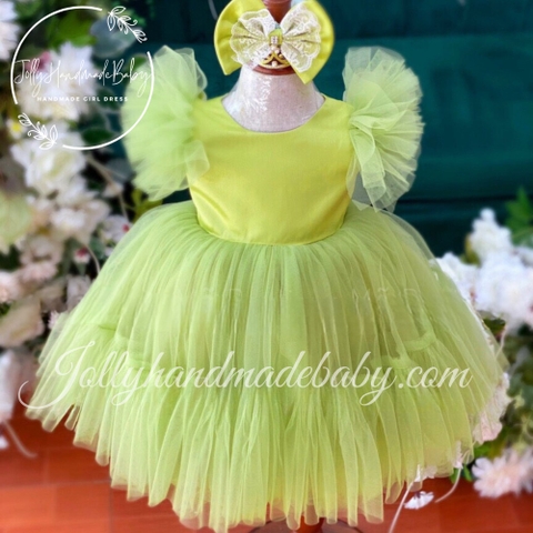 Cap Sleeve Tulle Midi Dress with Big Bow in Avocado Green | Tulle Dress with Round Neck for Baby Girl