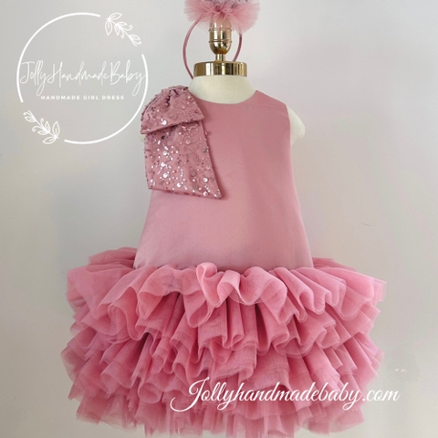 Cap Sleeve with Piece of Sequin Cloth Satin Midi Dress in Dusty Rose | Gift for Baby Girl