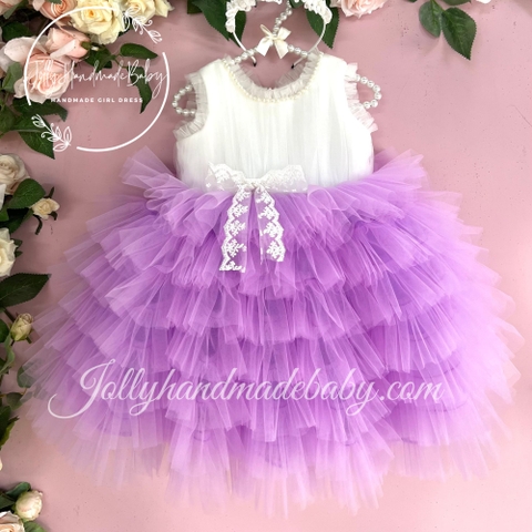 Tiered Cap Sleeve with Purple Skirt in White | Tulle Maxi Dress for Baby Girl