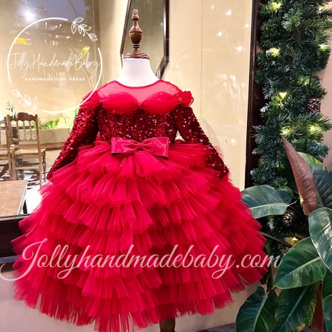Bow Detail Tiered Long Sleeve Dress with Luxury Sequin Bodice in Red | Tulle Maxi for Baby Girls