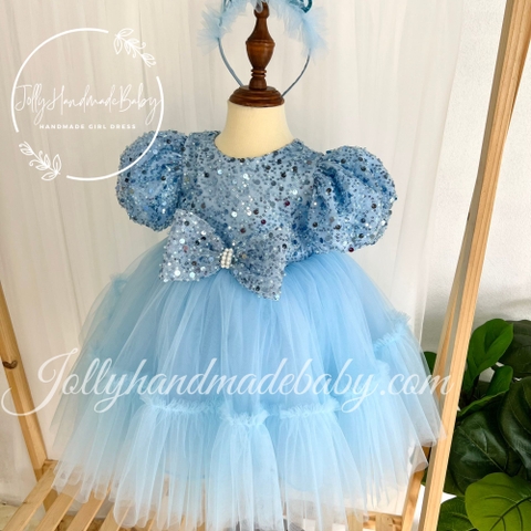 Exclusive Short Sleeve Sequin Bodice Dress in Blue with Bow Detail | Ruffle Tulle Midi Dress for Baby Girl
