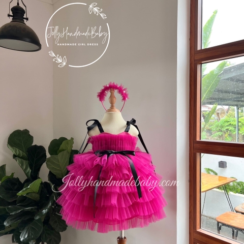 Ribbon Tie Strap Tiered Maxi Dress with Pleated Bodice in Hot Pink | Tulle Hairband Included for Baby Girls