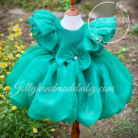 Cap Sleeve Pleated Dress with Puffball in Green | Organza Round Neck Midi Dress for Baby Girls