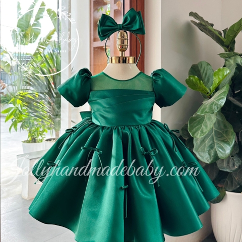 Short Sleeve Pleated Dress with Bow around Skirt in Green | Satin Midi Dress with Mesh Neck for Baby Girls
