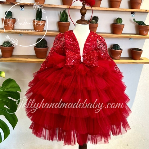 Tiered Long Sleeve with Cut Out Sequin Bodice in Red | Tulle Maxi Dress for Baby Girls
