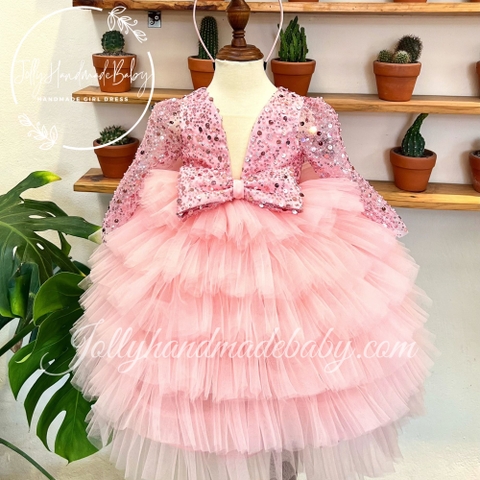 Tiered Long Sleeve with Cut Out Sequin Bodice in Pink | Tulle Maxi Dress for Baby Girls