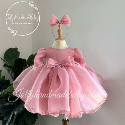 Puff Long Sleeve Organza Midi Dress with Round Neck in Dusty Rose | Beaded Organza Dress for Baby Girl