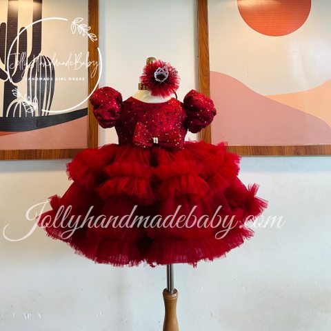 Ruffle Tiered Short Sleeve with Luxury Beaded Bodice Tulle Midi Dress in Red | Gift for Baby Girls