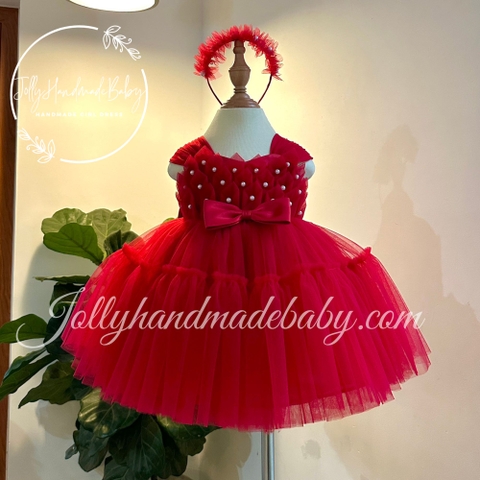 Puff Cap Sleeve Midi Dress with Bead Embroidered in Red | Pleated Tulle Dress for Baby Girls