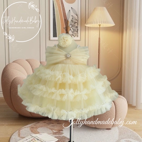 Beaded Strap Tiered Tulle Midi Dress with Snow Detail in Ivory | Ruffle Princess Dress for Baby Girl