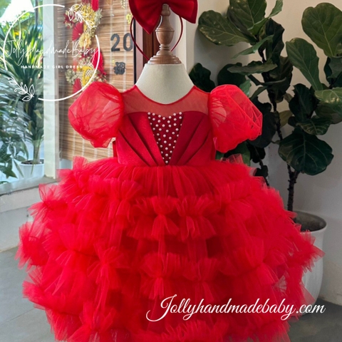Beaded Tiered Short Sleeve Dress with Exclusive Pleated Front in Red | Tulle Maxi Dress for Baby Girl