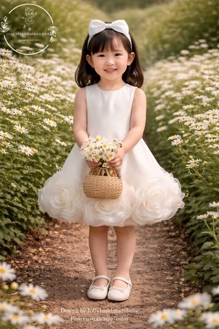 Summer White Satin Baby Dress , Flower Girl Dress, Handmade Tulle Dress, First Birthday Outfit, Custom Size Wedding Dress