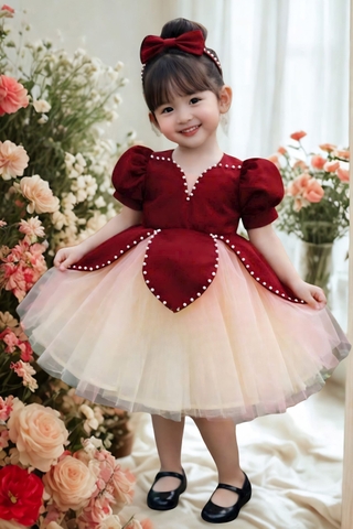 Dark Red  Flower Girl Dress, Baby Tutu Dress, Toddler Birthday Dress, 3D Rose Dress, Handmade Baby Girl Dress, Princess Tulle Dress