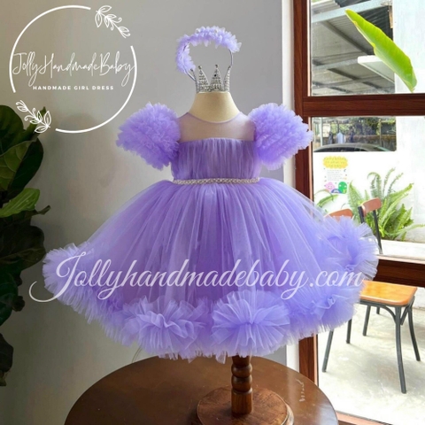 Puff Short Sleeve with Mesh Square Neck Dress in Lavender | Tulle Midi Dress for Baby Girls