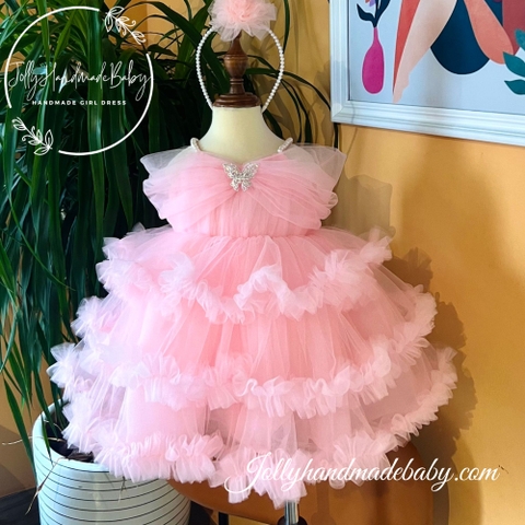 Beaded Strap Tiered Tulle Midi Dress with Butterfly Detail in Pink | Ruffle Princess Dress for Baby Girl