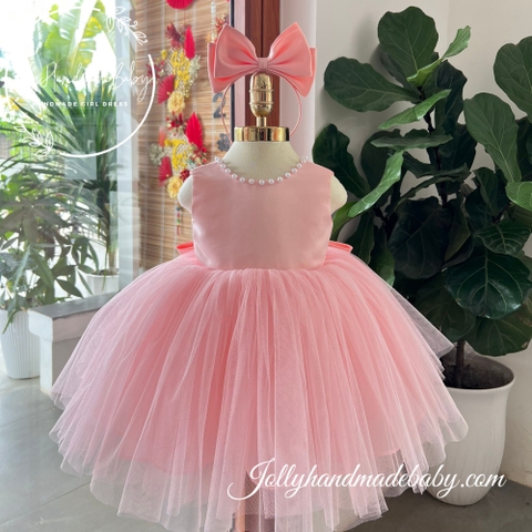 Beaded Cap Sleeve Tulle Midi Dress with V Cut Out in Pink | Party Dress for Baby Girl