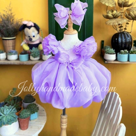 Cap Sleeve Beaded Dress with Puffball Skirt in Lavender | Organza V Neck Midi Dress for Baby Girls