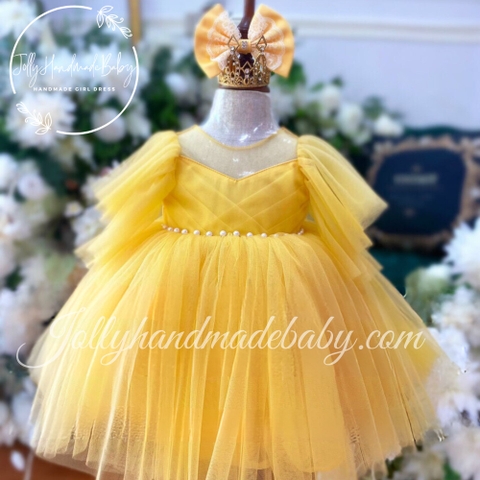 Short Sleeve Mesh Neck Dress with Cut Out V Back in Yellow  | Tulle Midi Dress for Baby Girls