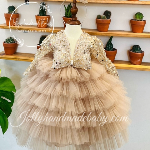 Tiered Long Sleeve with Cut Out Sequin Bodice in Beige | Tulle Maxi Dress for Baby Girls